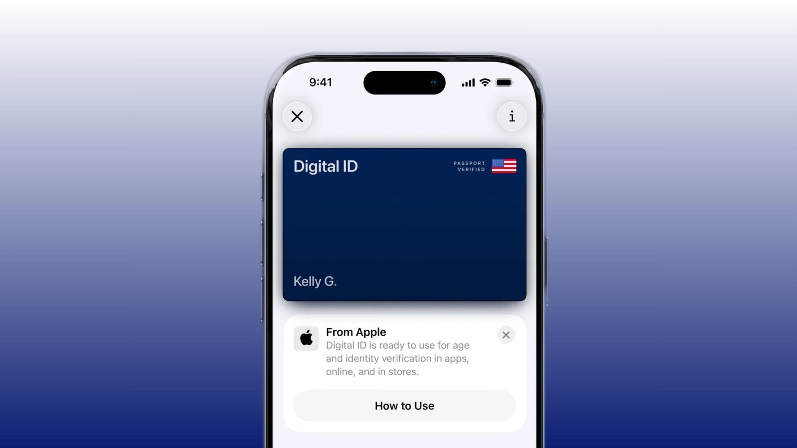 Smartphone screen showing a blue "Digital ID" card labeled "Kelly G." with a small US flag and passport verified badge.