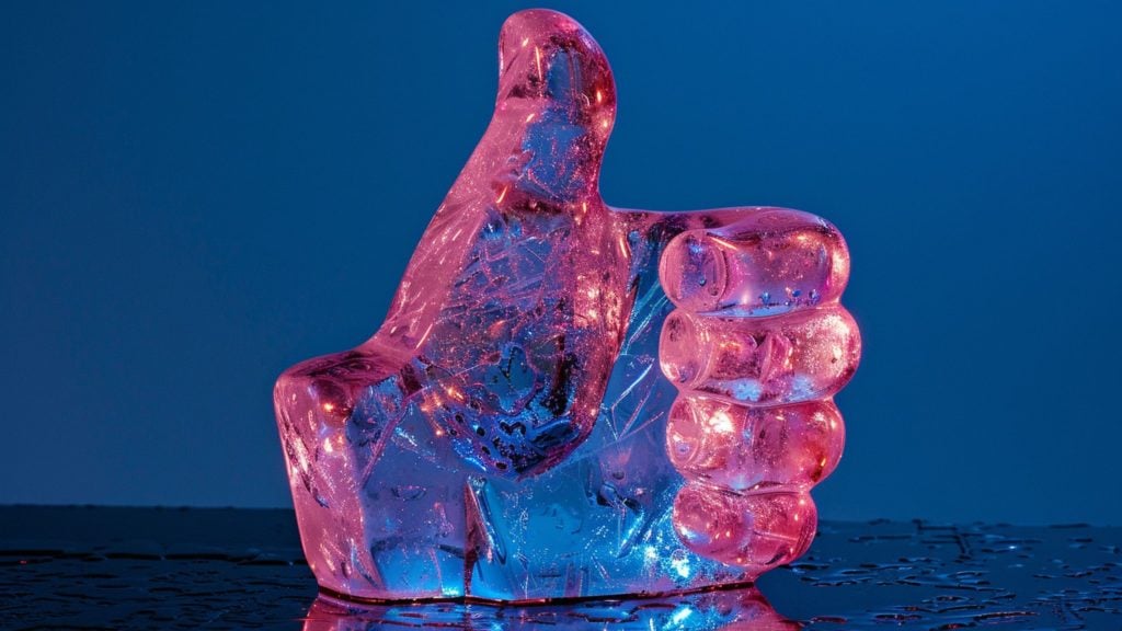 Transparent pink and blue ice sculpture shaped like a thumbs-up hand, lit with glowing internal highlights on a wet surface