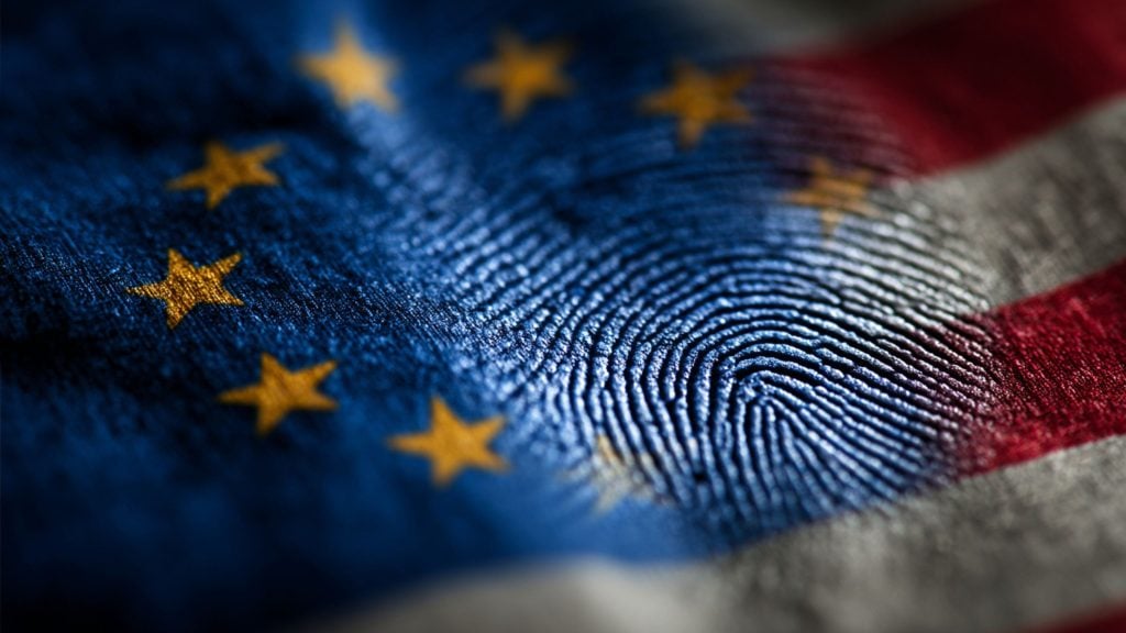 Close-up of a fingerprint textured over a blended EU and US flag with gold stars on blue and red-white stripes.