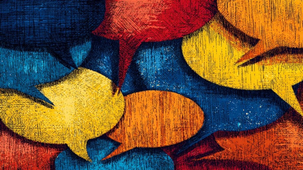 Overlapping textured speech bubbles in yellow, orange, red, and blue against a dark blue background, sketched with crosshatch lines
