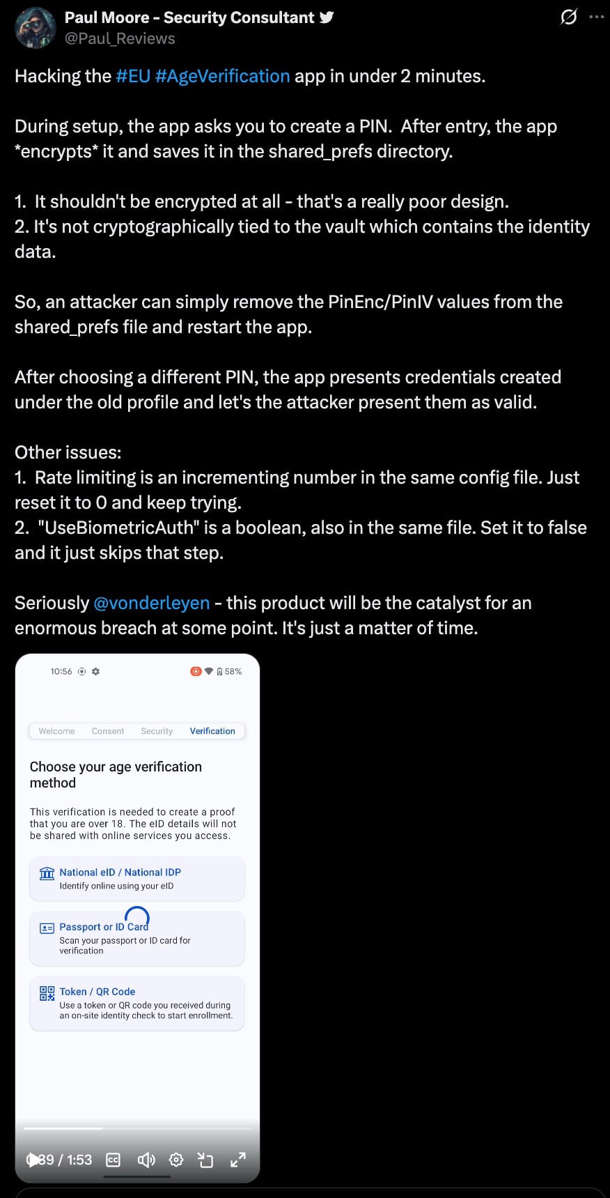 Tweet screenshot from Paul Moore describing security flaws in an EU age verification app, with a phone mockup showing verification options.