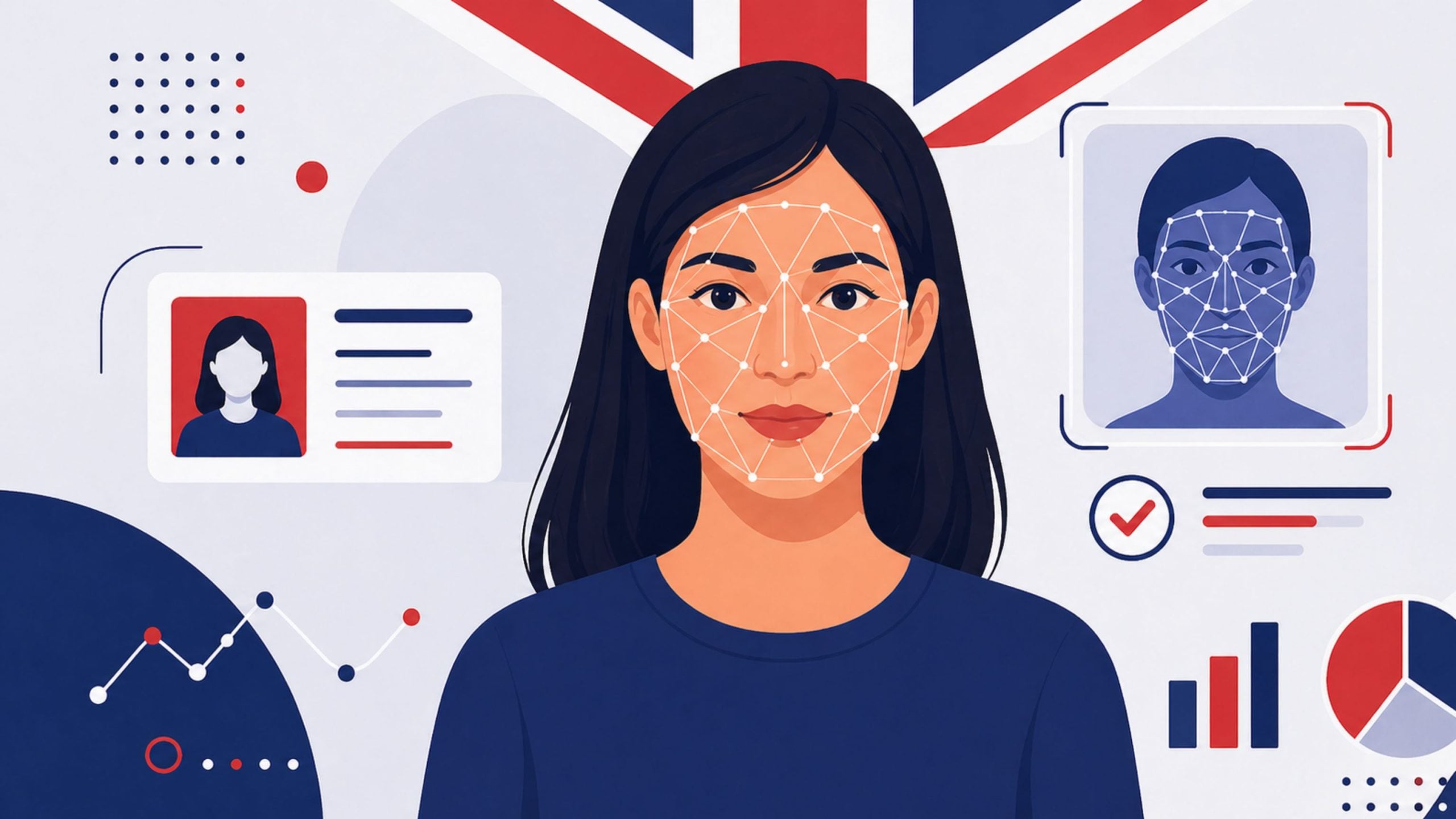 Young woman facing forward with facial recognition points overlaid, ID card, biometric scan, UK flag and analytics icons in background