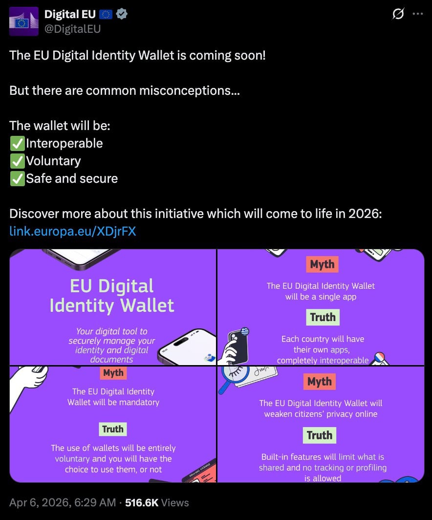 Screenshot of a Digital EU tweet about the upcoming EU Digital Identity Wallet, listing it as interoperable, voluntary, and safe, with a purple infographic debunking myths about a single app, mandatory use, and privacy concerns.