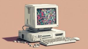 Old beige CRT desktop computer with colorful abstract static on the monitor, detached keycaps, keyboard and mouse on a pink background