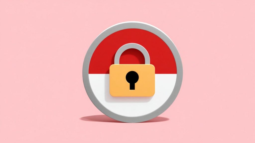 Round emblem with a red and white split background and a yellow padlock icon centered on a pink backdrop.