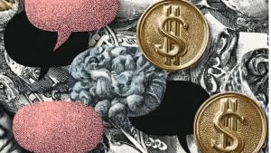Collage of engraved brain and dollar-bill details overlaid with pink and black speech bubbles and gold dollar-coin icons.