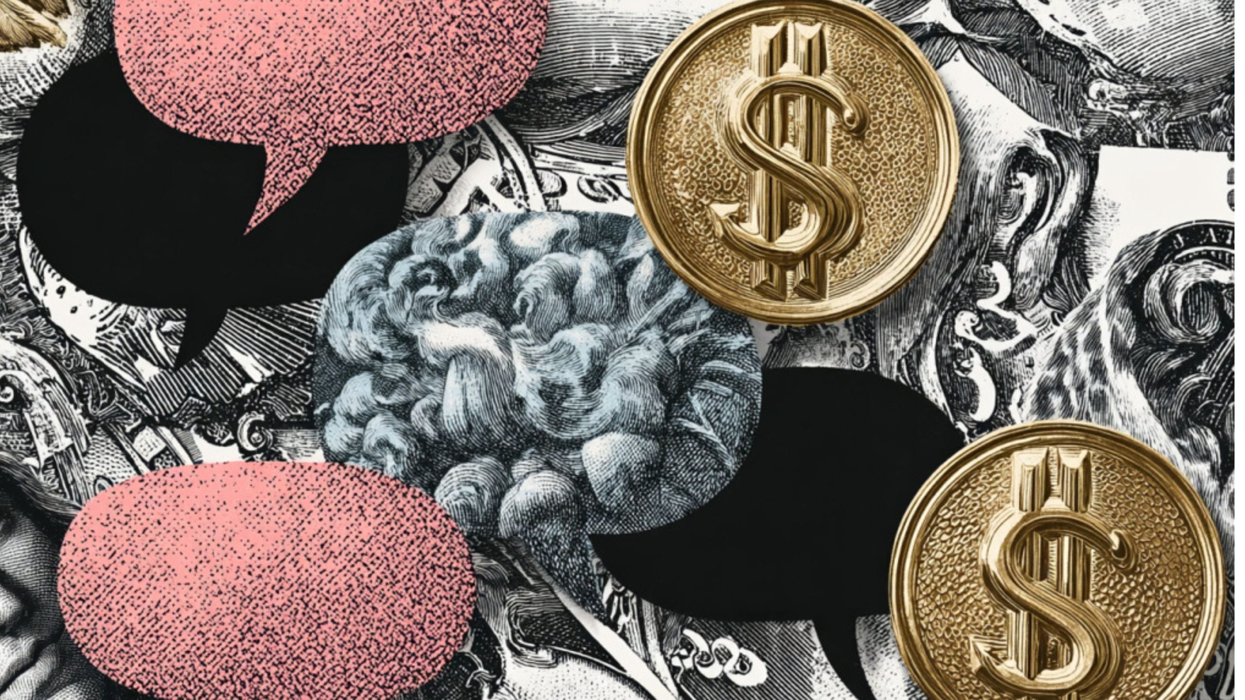 Collage of engraved brain and dollar-bill details overlaid with pink and black speech bubbles and gold dollar-coin icons.