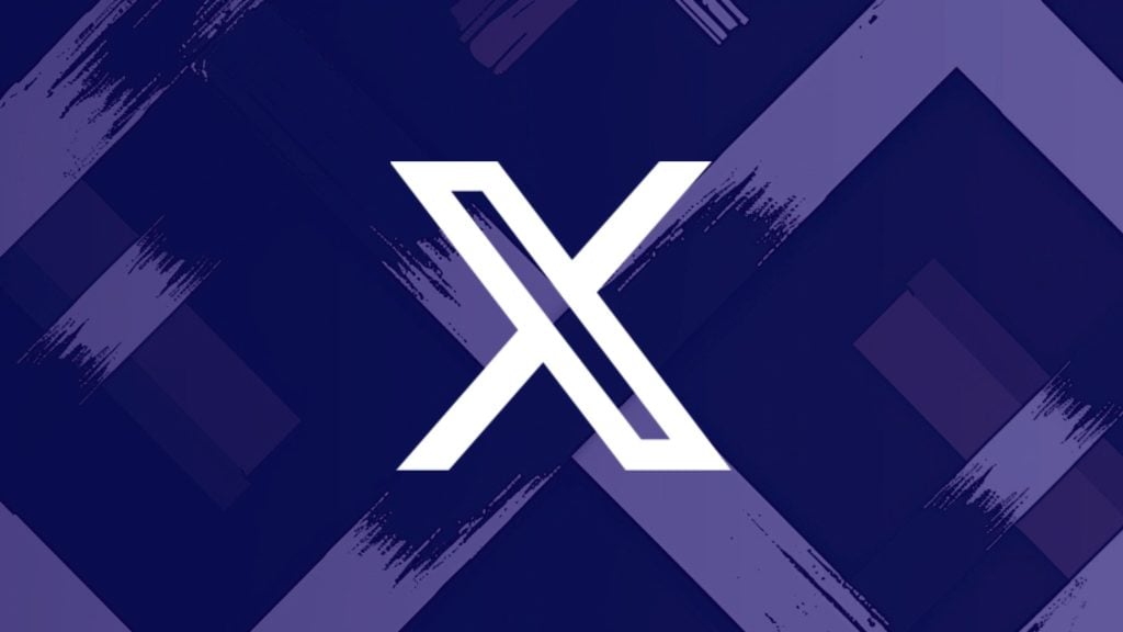 Stylized white "X" logo centered on a dark blue and purple geometric background with diagonal brushstroke textures