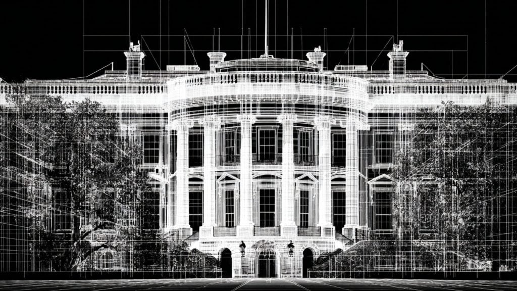 Front façade of a neoclassical mansion rendered as a white architectural wireframe with columns, balustrades, trees and stairs on a black background.