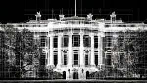 Front façade of a neoclassical mansion rendered as a white architectural wireframe with columns, balustrades, trees and stairs on a black background.