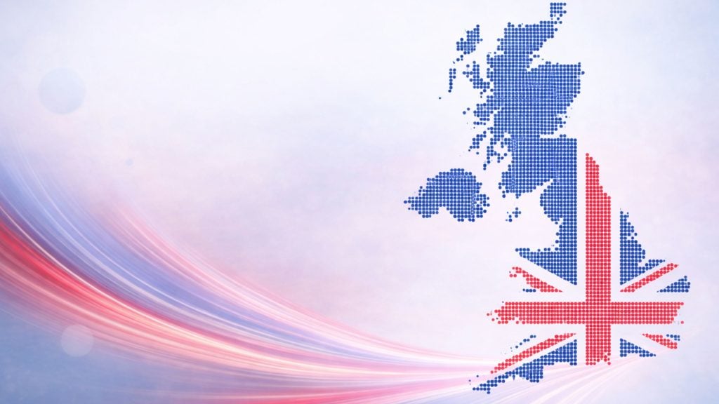 Stylized dotted map of the United Kingdom forming a Union Jack pattern on a soft pink and blue swoosh background