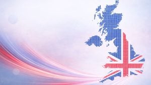 Stylized dotted map of the United Kingdom forming a Union Jack pattern on a soft pink and blue swoosh background
