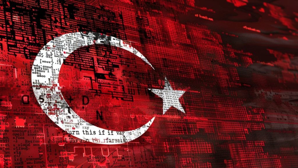 Red Turkish flag with white crescent and star overlaid with glitchy digital code and circuitry patterns.