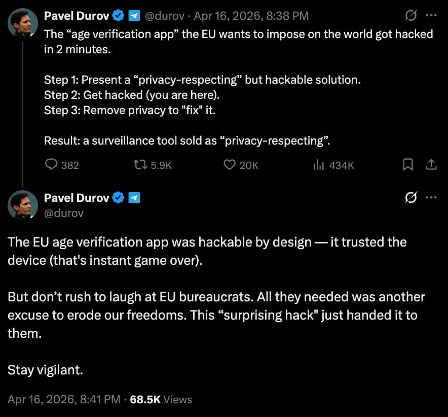 Screenshot of two dark-mode tweets by Pavel Durov criticizing the EU age verification app as hackable by design, warning it will be used to erode privacy and urging vigilance.