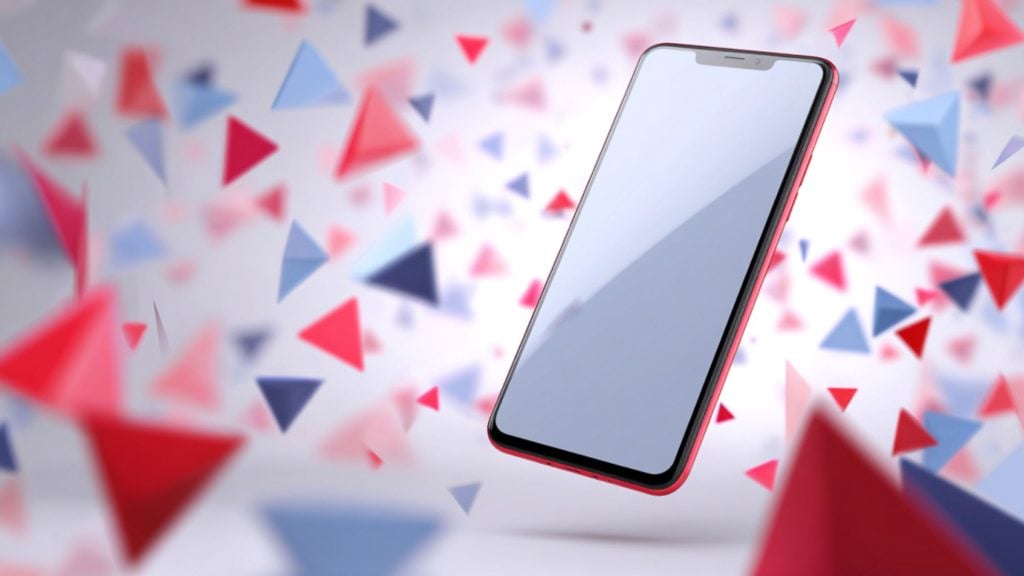 Floating modern smartphone with blank screen surrounded by red and blue triangular confetti shapes on a soft white background