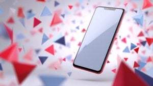 Floating modern smartphone with blank screen surrounded by red and blue triangular confetti shapes on a soft white background