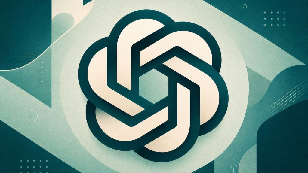 Interlocking teal and cream geometric loops forming a stylized knot-like emblem on an abstract teal background