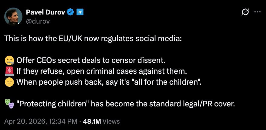 Screenshot of a dark-themed social media post listing four points accusing EU/UK regulators of coercing CEOs to censor dissent, threatening criminal cases, using "for the children" as justification, and calling "protecting children" legal/PR cover, with a 48.1M views count.