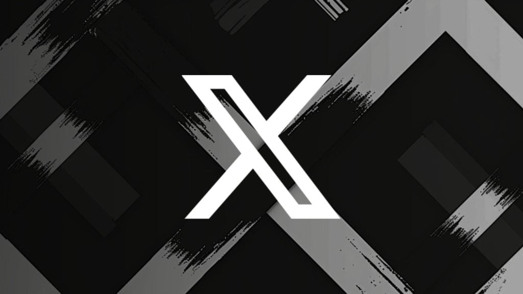 Bold white stylized "X" logo centered on a dark textured background with diagonal gray brush-stroked bands.