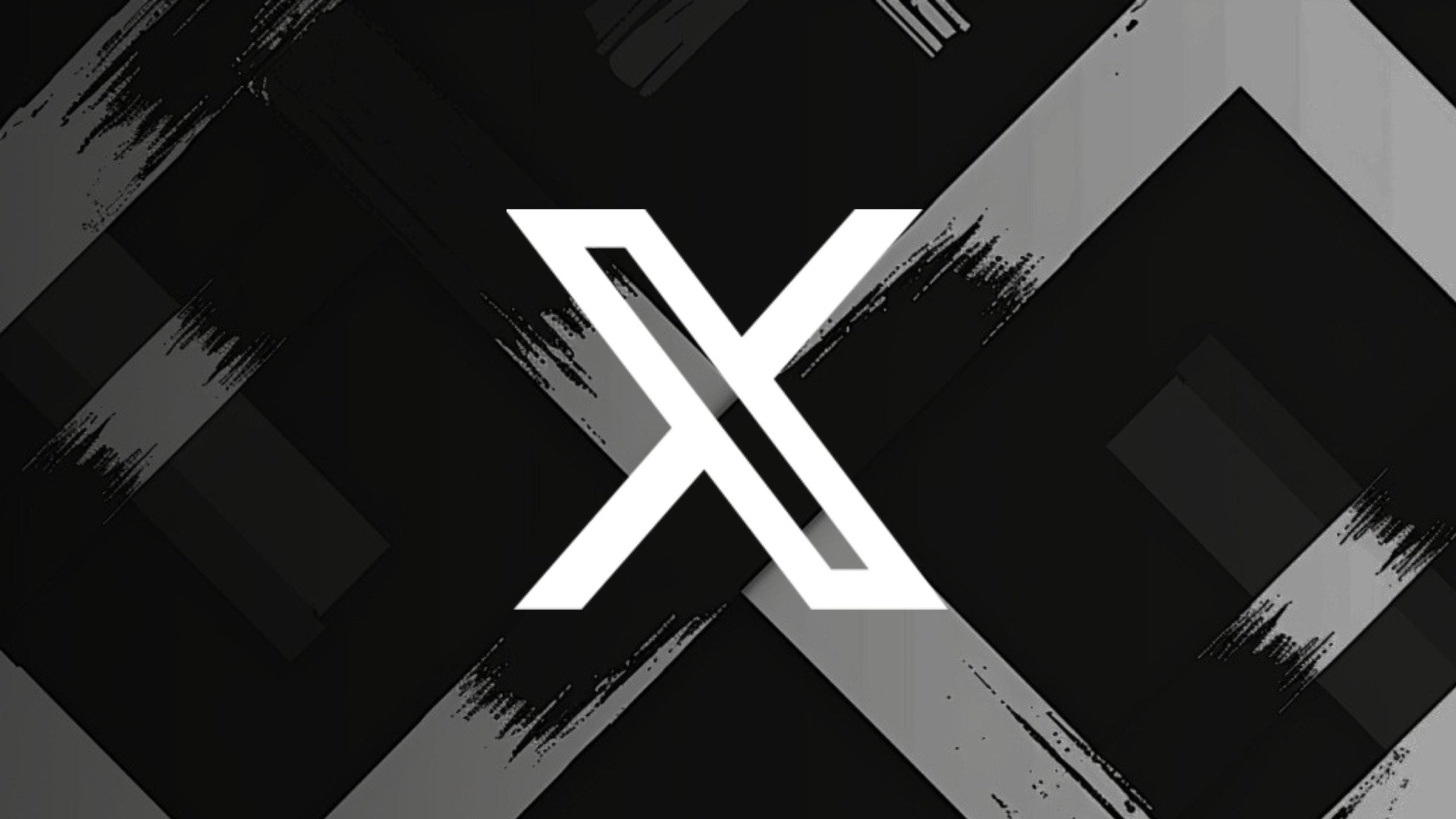 Bold white stylized "X" logo centered on a dark textured background with diagonal gray brush-stroked bands.