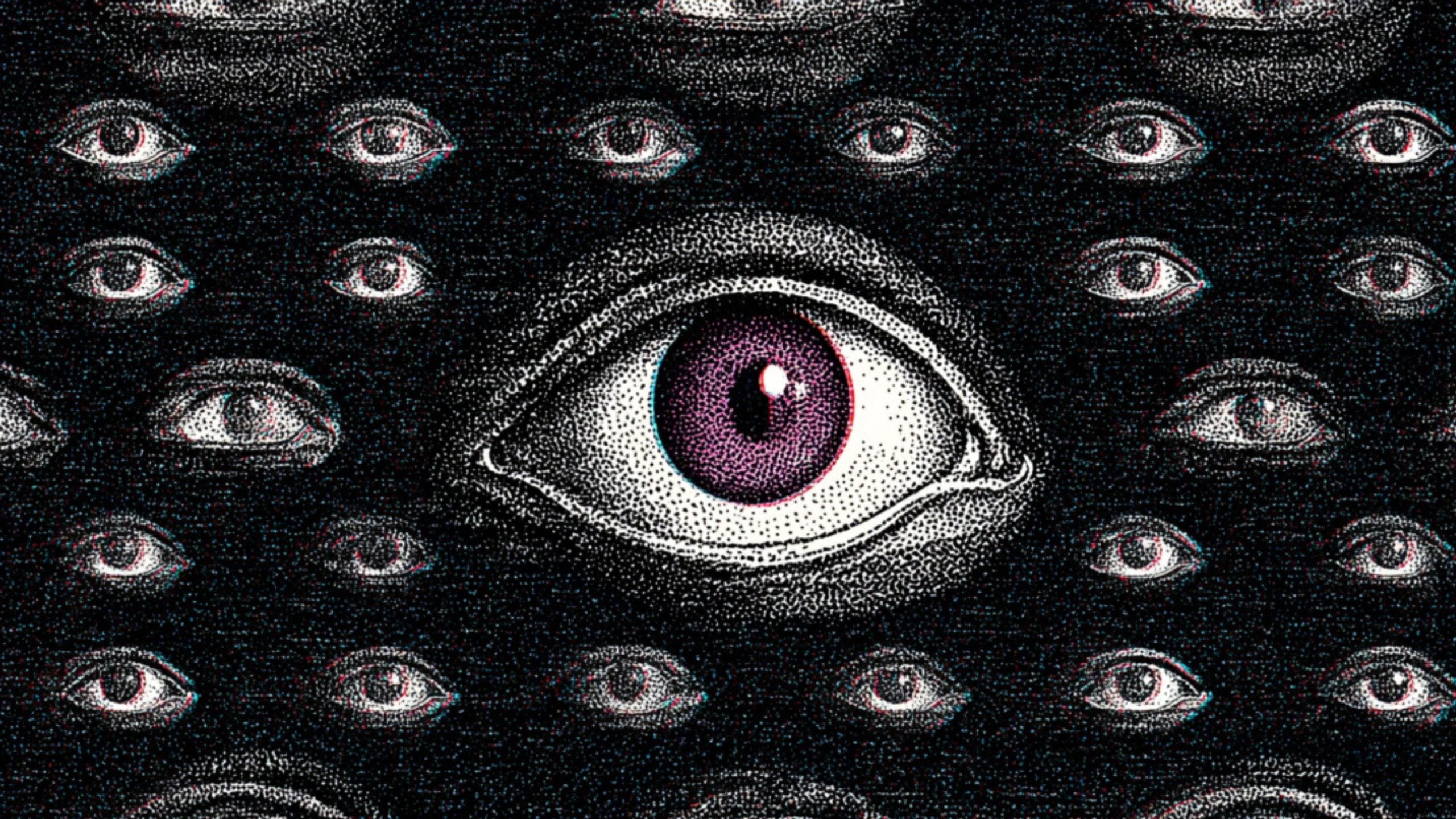 Pattern of stippled eyes on a dark background with one large central eye featuring a purple iris and white highlight