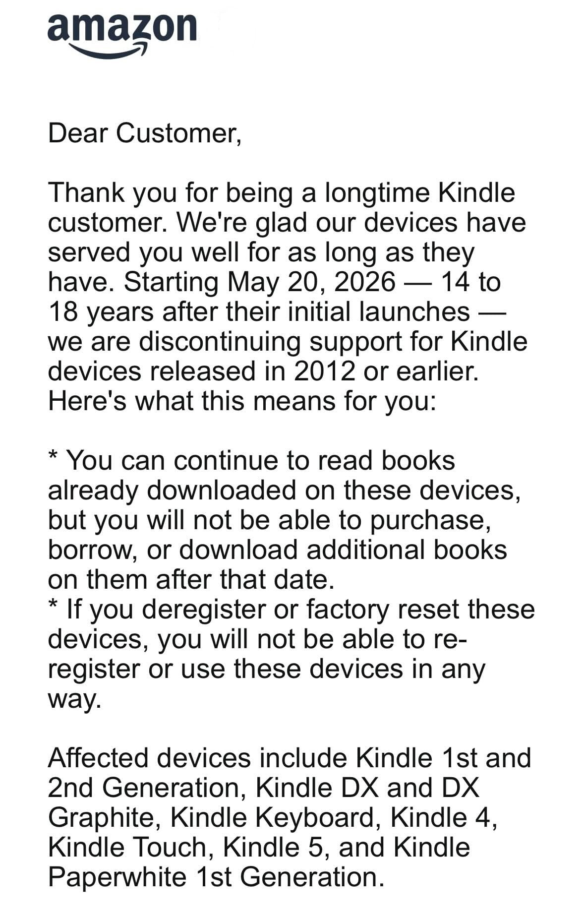Amazon letter announcing Kindle support ends May 20, 2026 for devices released in 2012 or earlier, listing affected models and restrictions.