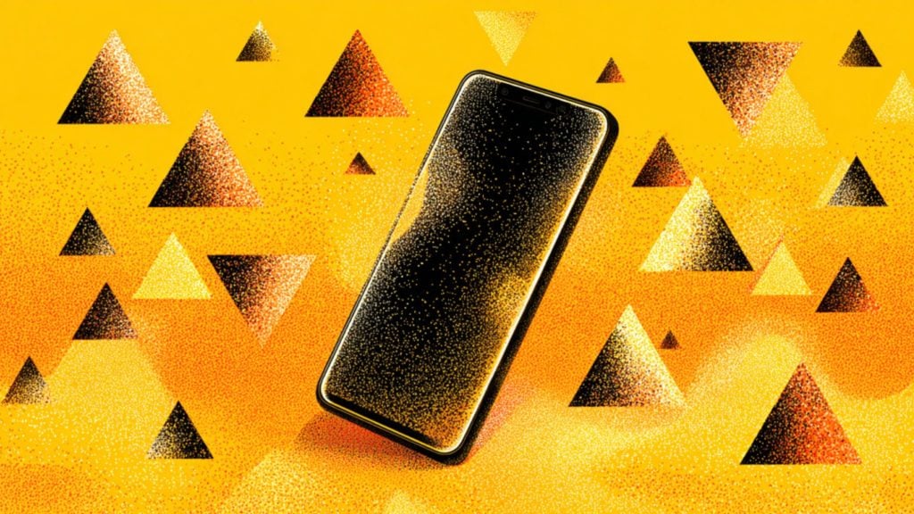 Black smartphone tilted against a textured yellow-orange background scattered with dotted, gradient-filled triangles.