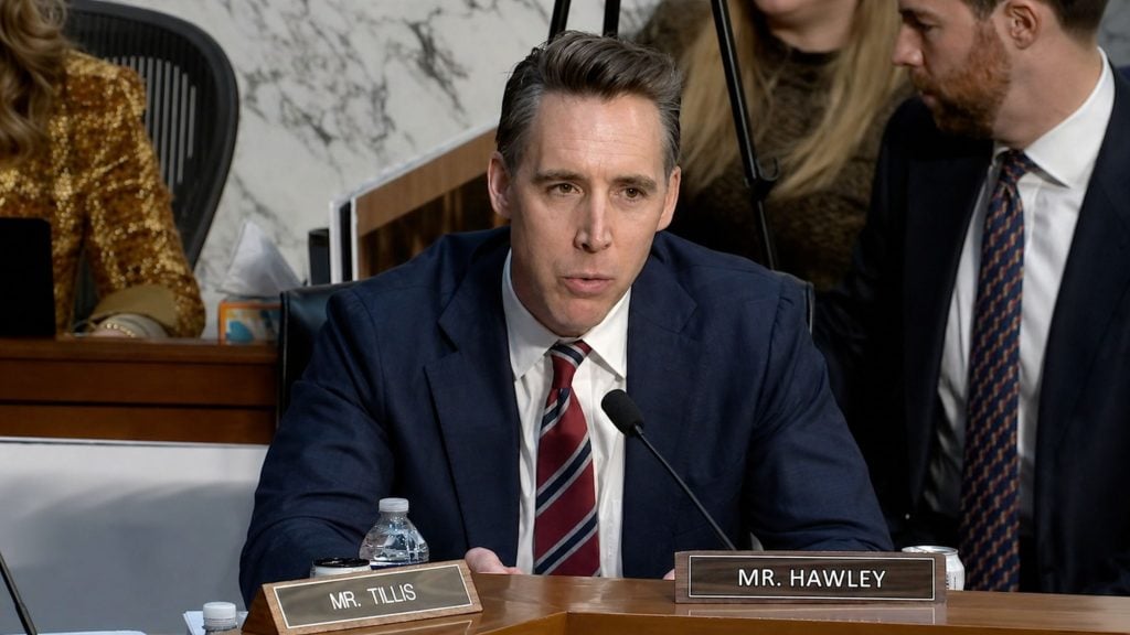 Hawley in a suit and striped tie speaking into a microphone at a hearing table with a nameplate reading "Mr. Hawley."