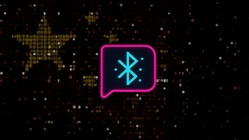 Neon pink speech-bubble with a glowing blue Bluetooth symbol centered on a dark dotted background with faint yellow star shapes