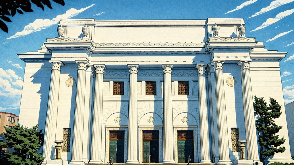 Neoclassical white stone building with six tall Corinthian columns, three arched doorways with green doors, and decorative urns on the roof.