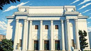 Neoclassical white stone building with six tall Corinthian columns, three arched doorways with green doors, and decorative urns on the roof.
