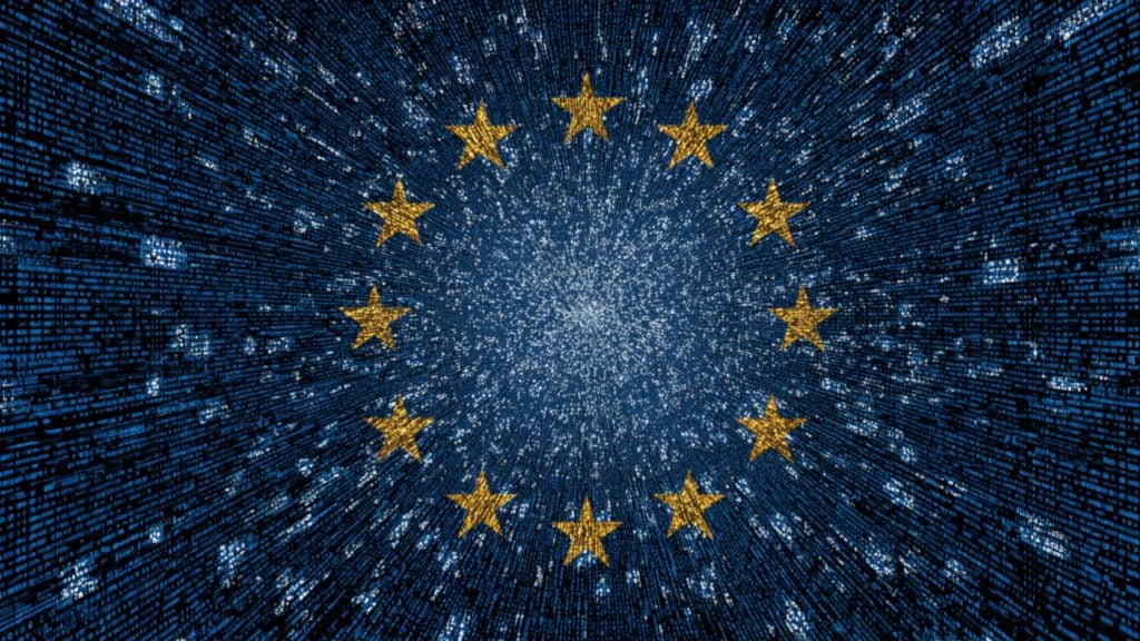 Circle of twelve yellow stars over a blue digital matrix background with radiating light and data lines