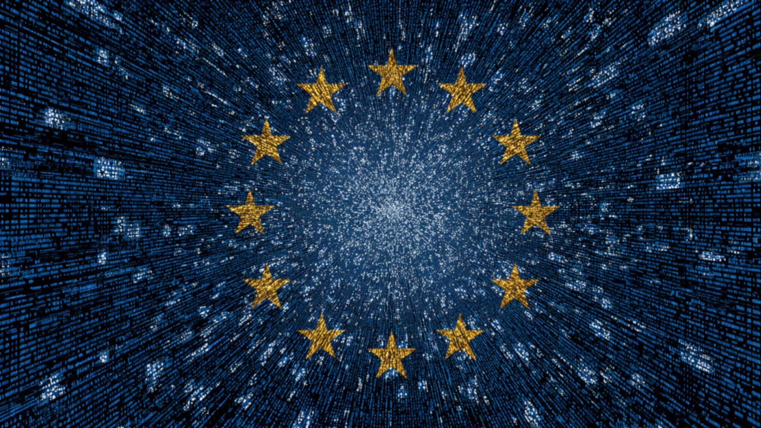 Circle of twelve yellow stars over a blue digital matrix background with radiating light and data lines