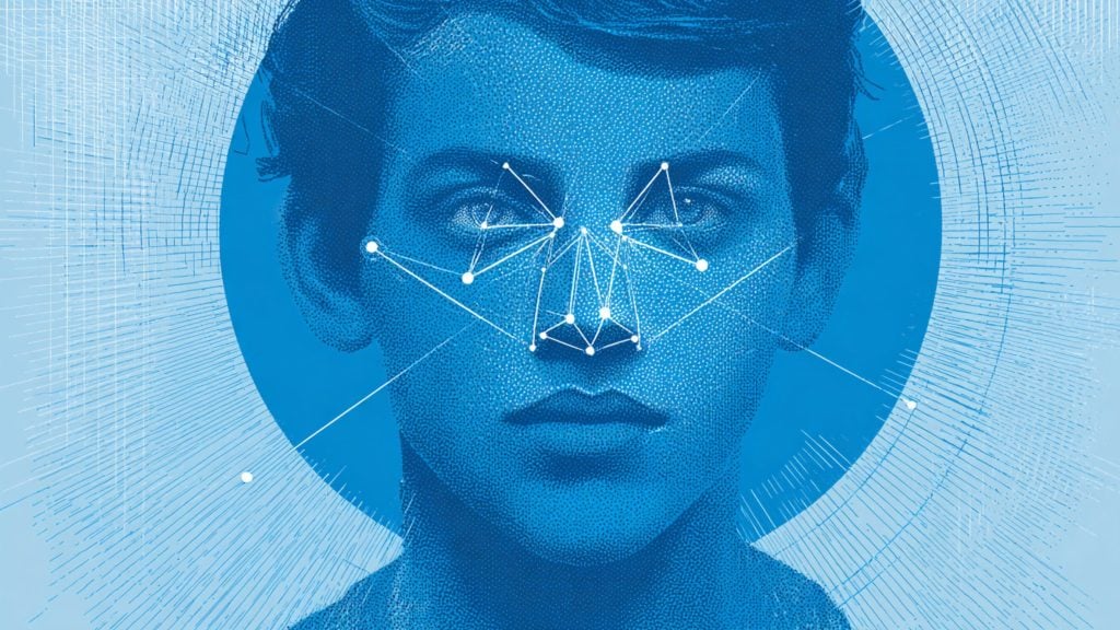 Blue-toned stylized portrait of a boy with white facial recognition nodes and connecting lines overlaid on his face.