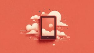 Red smartphone centered against a coral background with stylized clouds and a sun visible on its screen and around the device