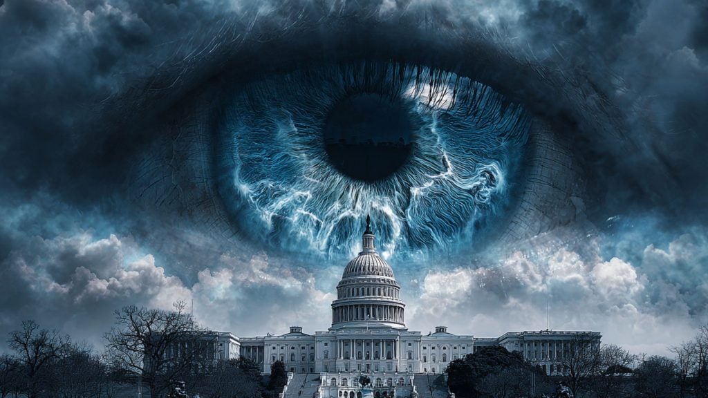 Stormy skyline with the US Capitol below a giant blue eye in the clouds, its iris crackling like lightning