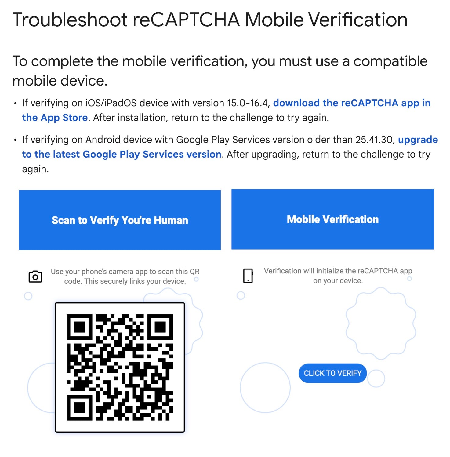 Troubleshoot reCAPTCHA mobile verification instructions with QR code on left and "Click to Verify" button on right.