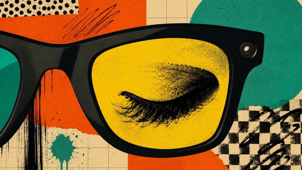 Bold pop-art close-up of black glasses with one yellow lens showing a closed eyelash against colorful geometric background