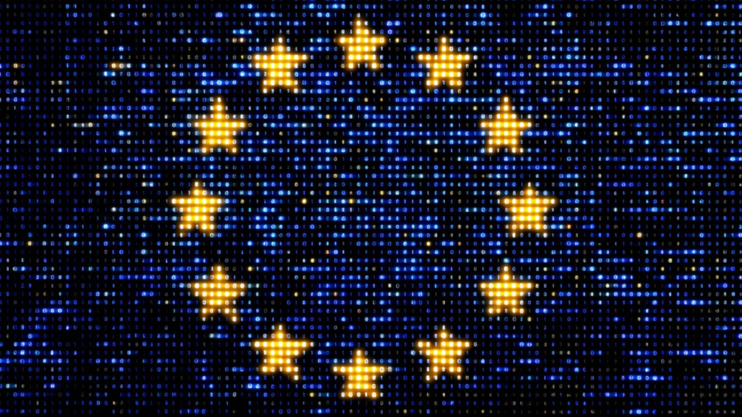 Glowing yellow stars arranged in a circle against a dark blue binary code background, resembling the EU flag in digital pixels
