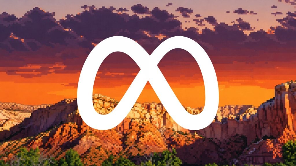 White Meta infinity logo centered over a pixelated orange and purple sunset landscape with rocky cliffs.