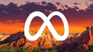 White Meta infinity logo centered over a pixelated orange and purple sunset landscape with rocky cliffs.