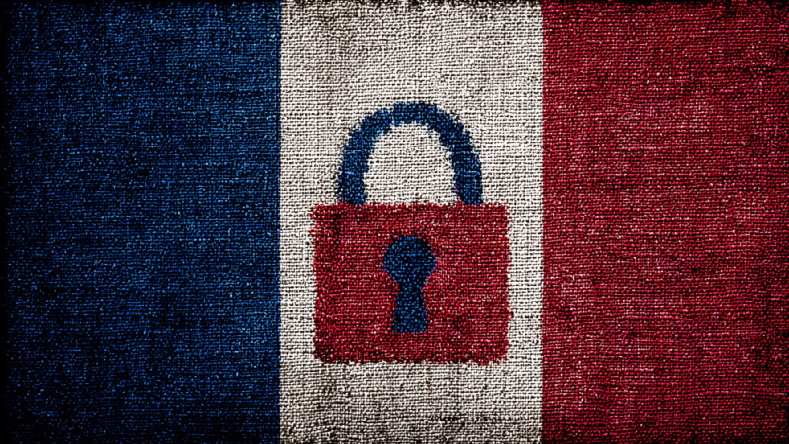 Textured tricolor flag with vertical blue, white, red stripes and a red padlock with blue shackle and keyhole centered on the white stripe