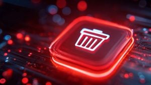 Glowing red digital trash can icon on a circuit board with bokeh lights and neon highlights