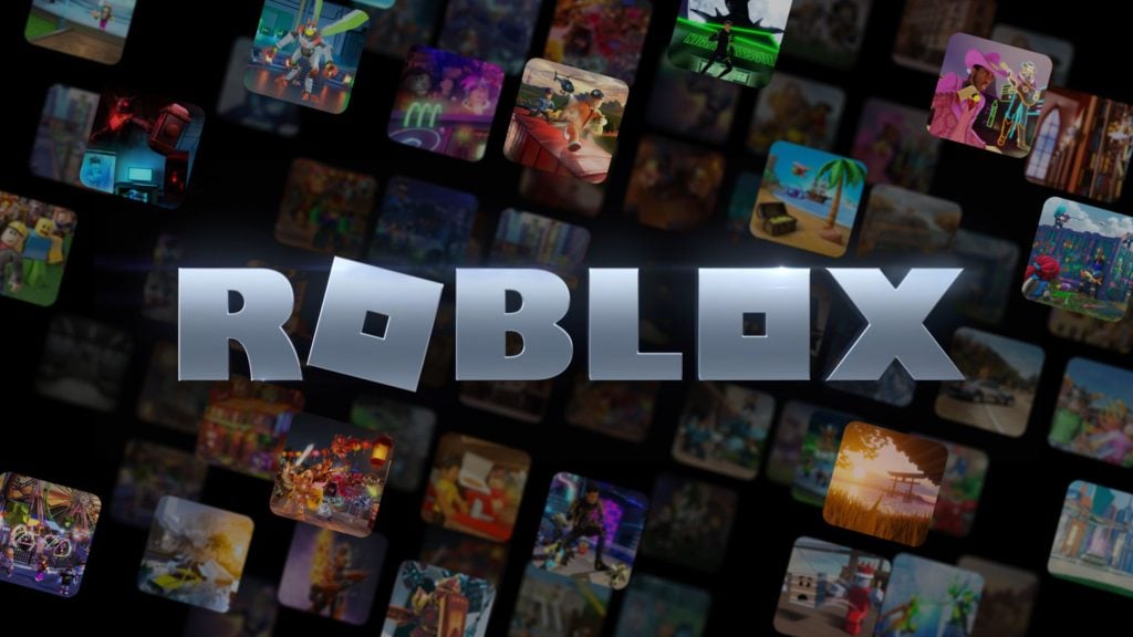 Large metallic "ROBLOX" logo centered against a black background with many small rounded-square game thumbnails floating behind it.