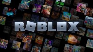 Large metallic "ROBLOX" logo centered against a black background with many small rounded-square game thumbnails floating behind it.
