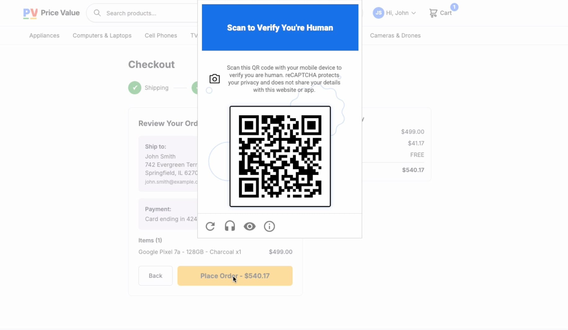 Checkout page overlay showing a QR code reCAPTCHA titled "Scan to Verify You're Human" over an order summary.