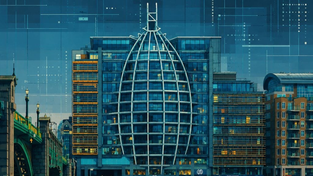 Ofcom glass office building featuring an egg-shaped white structural frame and surrounding high-rises.