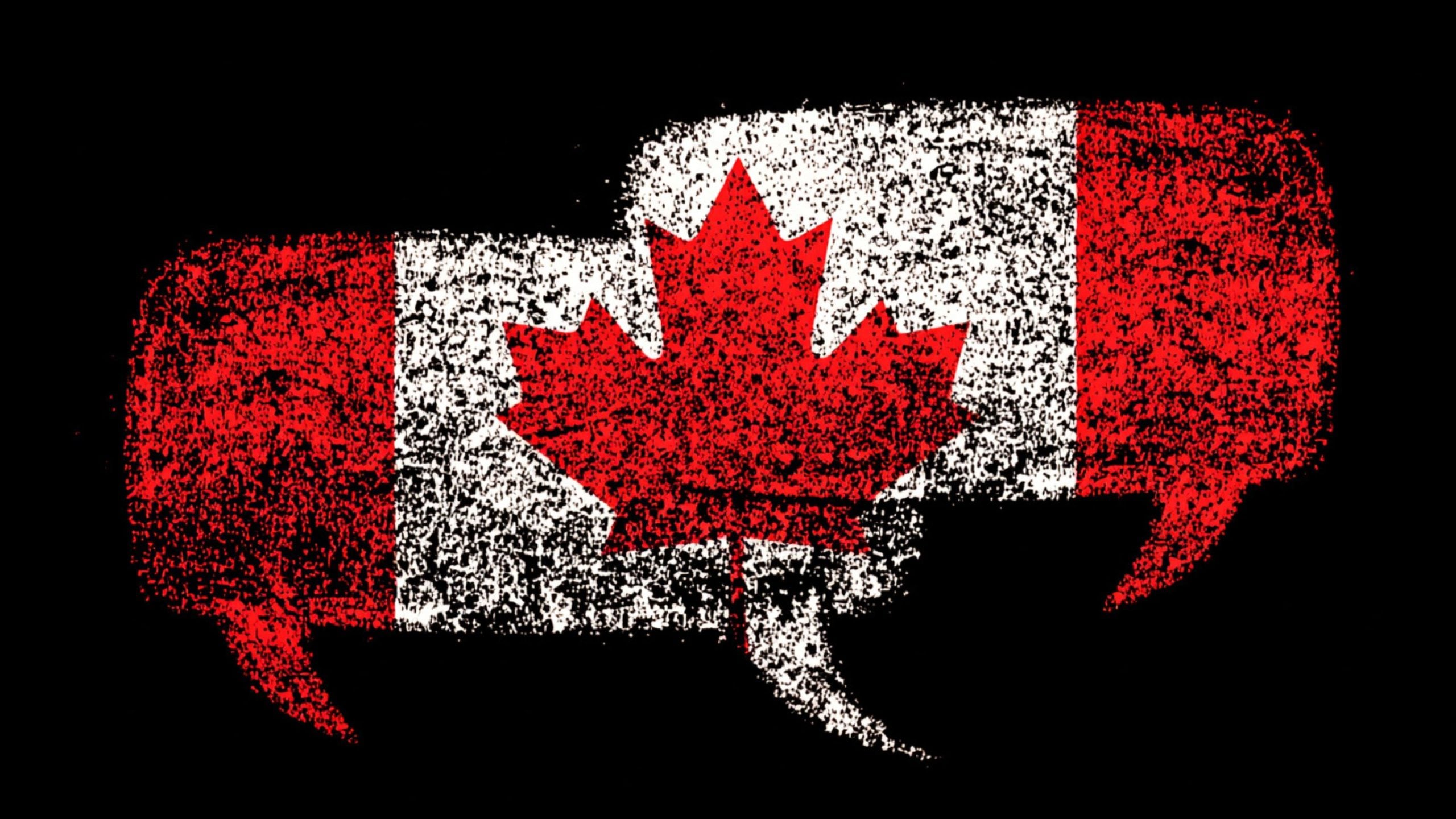 Distressed red and white Canadian flag with a maple leaf painted inside overlapping speech-bubble shapes on black background
