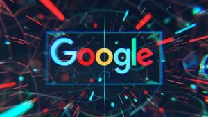 Google logo in bright red, blue, yellow, and green centered on a dark, neon-lit background with streaking light trails and geometric shapes