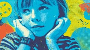 Close-up stylized pop-art portrait of a thoughtful child in blue tones with yellow and orange graphic dots and shapes.